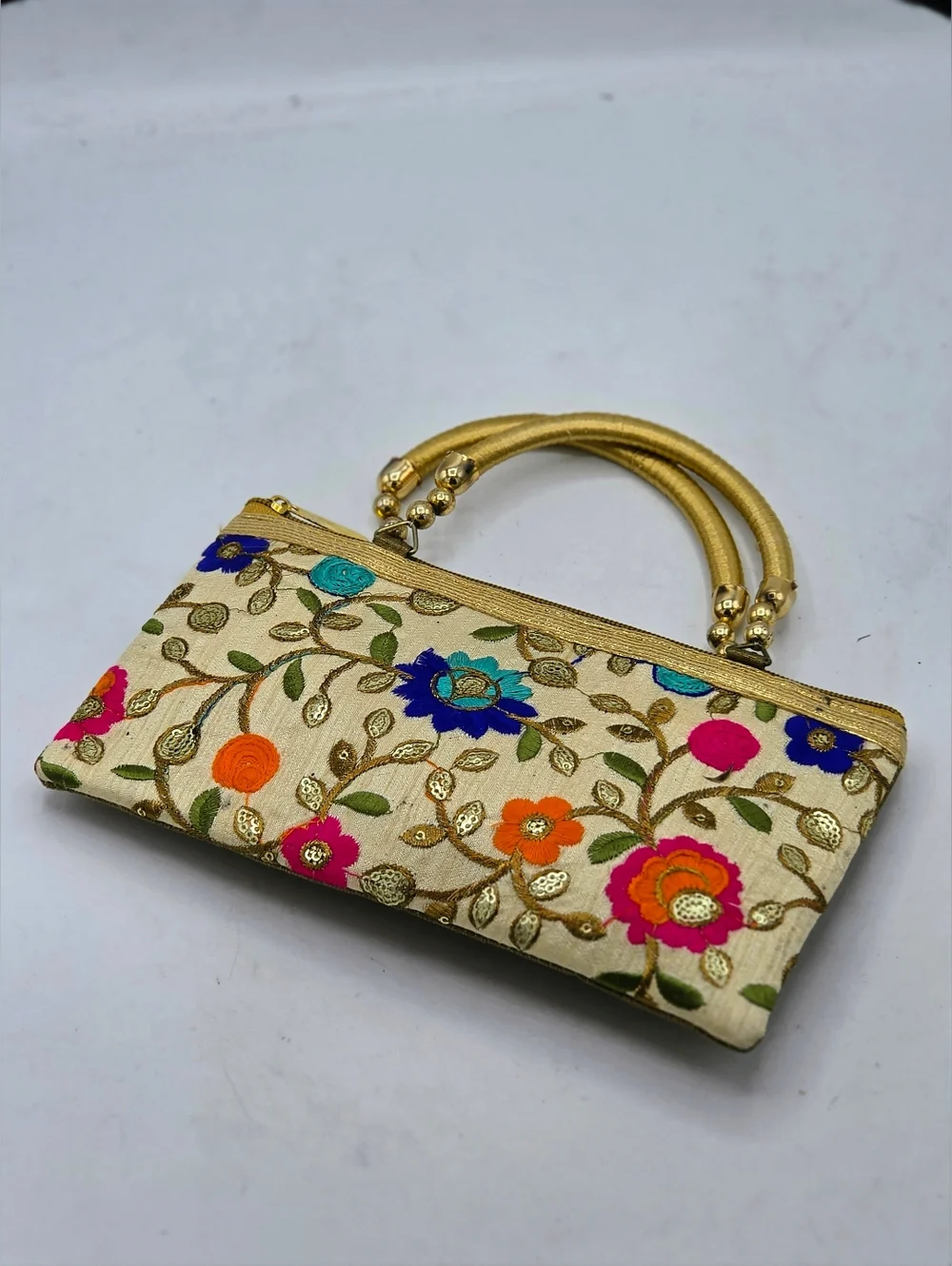 Hand-Embroidered Phulkari Floral Silk Clutch Bag | Boho Ethnic Wedding Gold